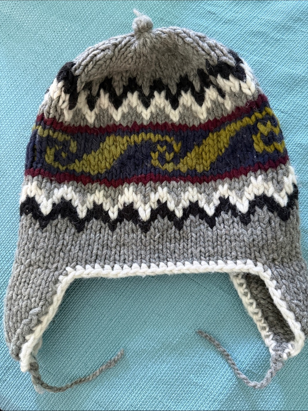 Gray Knit Earflap Beanie with Multicolor Fair Isle Pattern